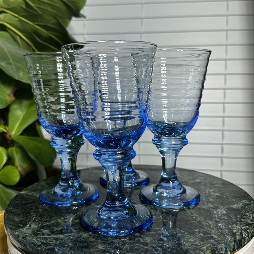 Set of 4 Vintage Sirrus Blue Water Goblets By Libbey Heavy Glasses - Picture 4 of 8